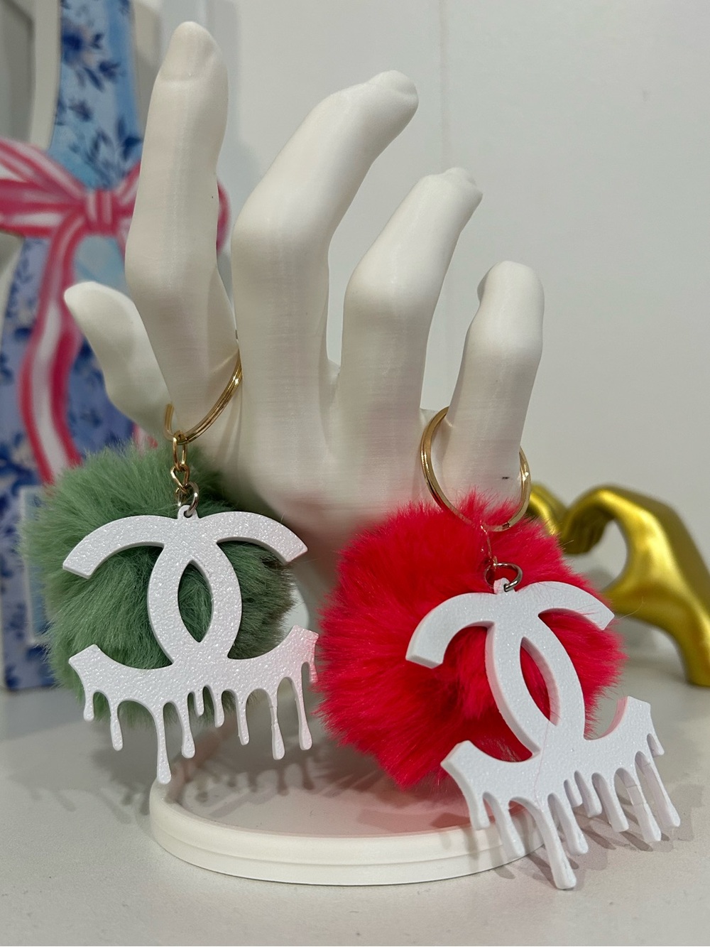 3D Printed Faux Fur Pom-Pom Keychain with White Drip Logo - Random Color Pom-Pom